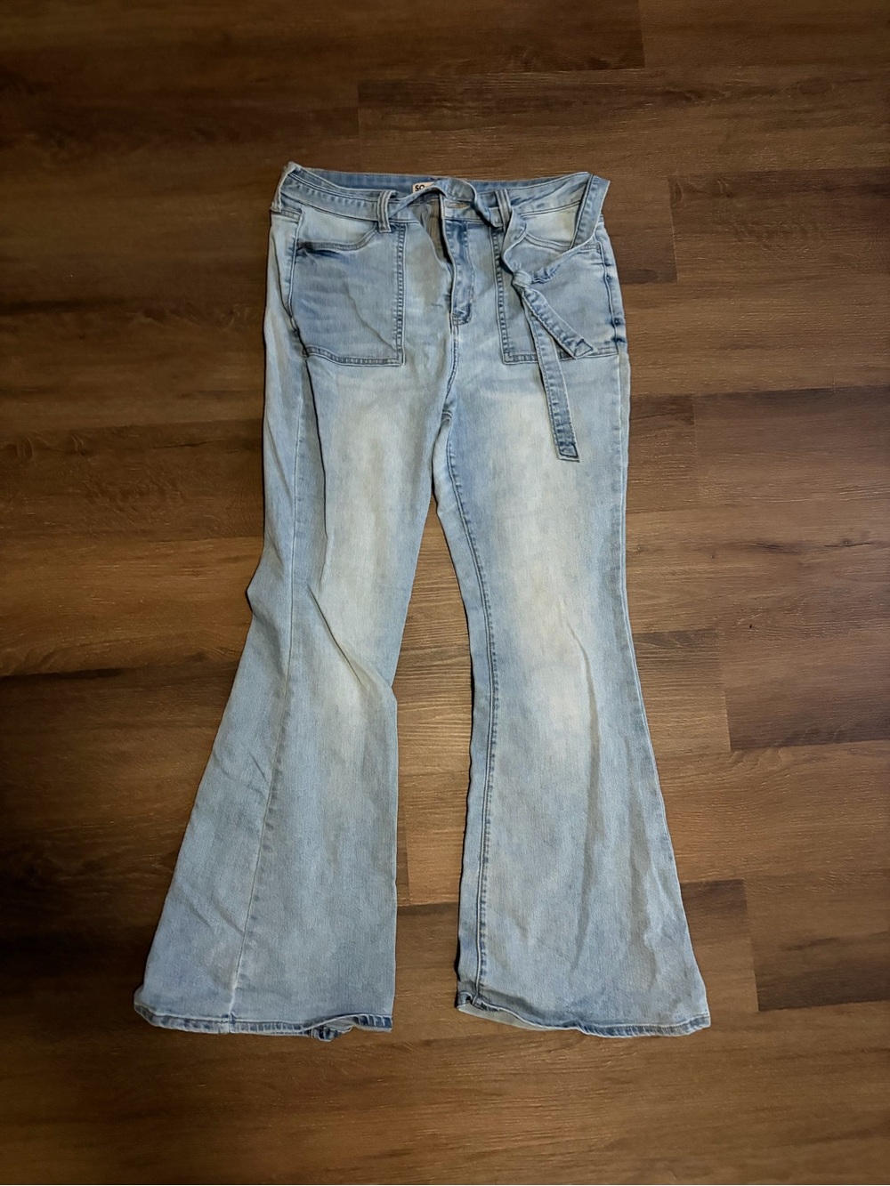 Light Blue Women's Flare Jeans with Tie Waist